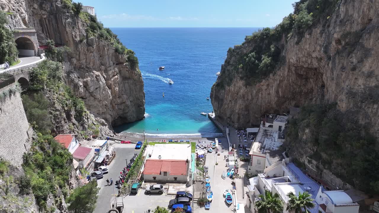 Amalfi Coast At Positano In Salerno Italy. Beach Landscape. Tourism Landmark. Amalfi Coast At Positano In Salerno Italy. Gulf Of Salerno Skyline. Coastal Cityscape. Mediterranean Sea