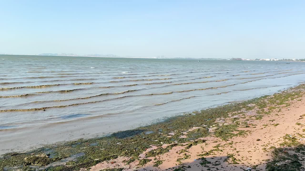 모래 해변 에 있는 평온 한 바다 파도