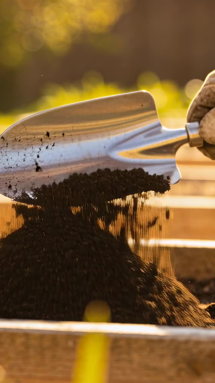 Video verticale: Mano guantata che versa terra in un'aiuola, preparando il terreno con una cazzuola di metallo.