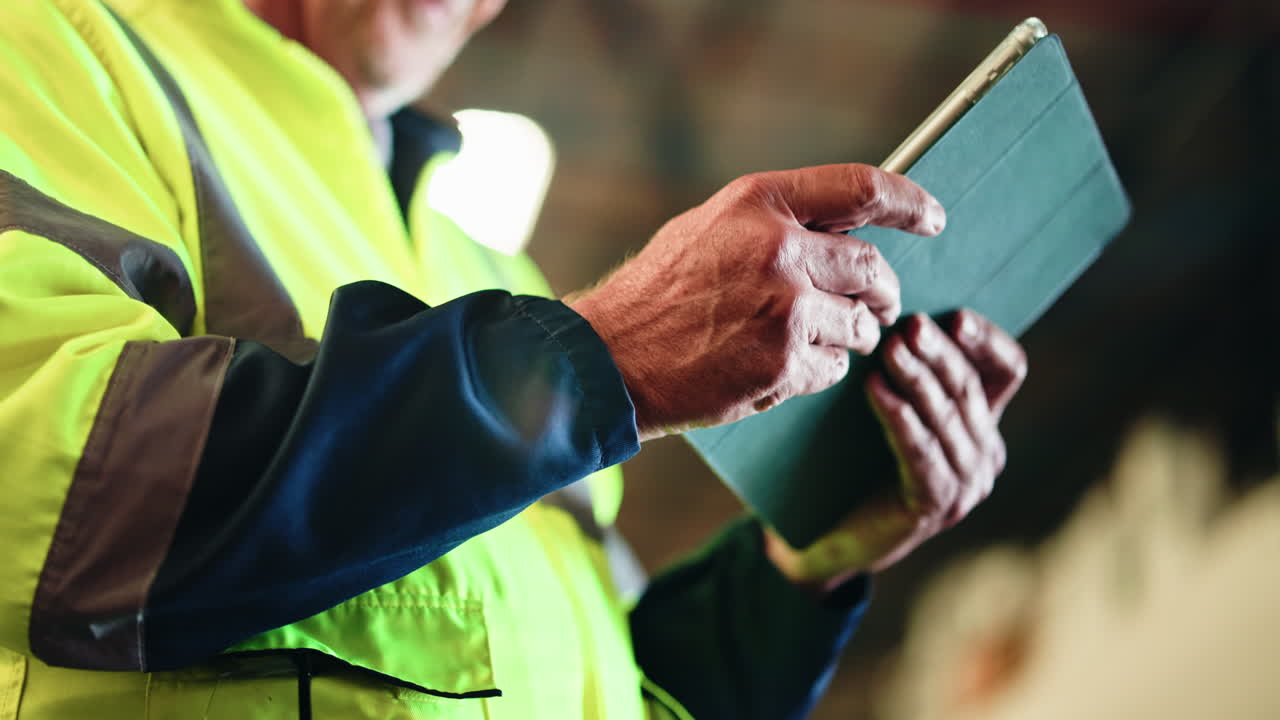 Man in High-Visibility Vest Using Digital Tablet