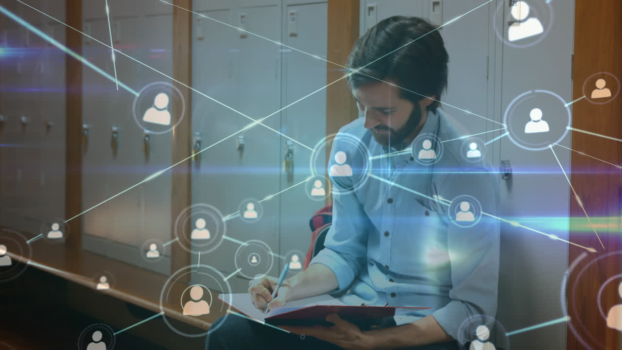 animación de la red de conexiones a través de estudiantes varones tomando notas