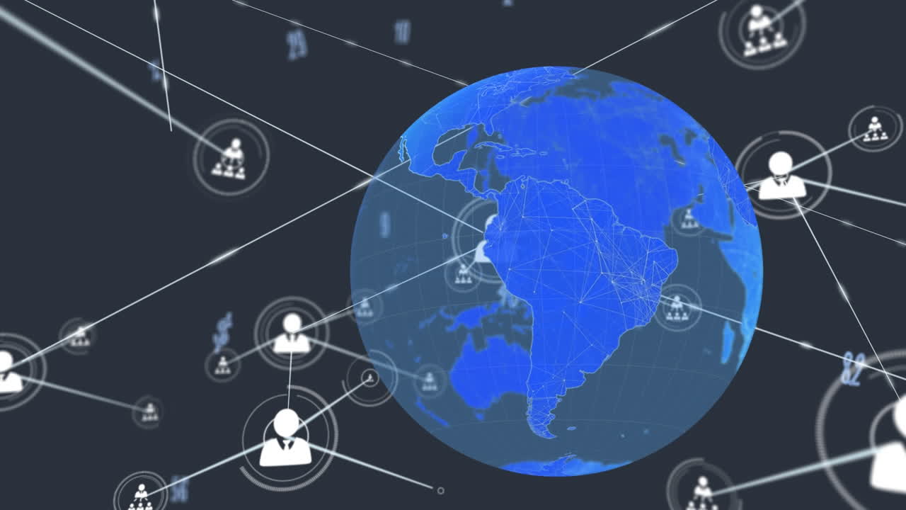 전 세계에 있는 아이콘과 연결된 네트워크의 애니메이션