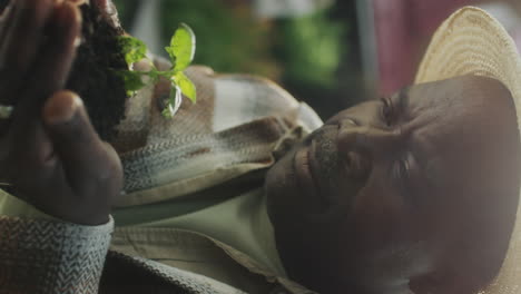 man examining a young plant in his hands
