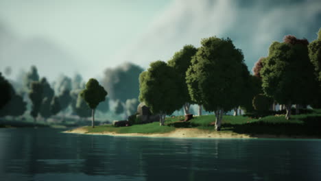 cartoon green forest landscape with trees and lake