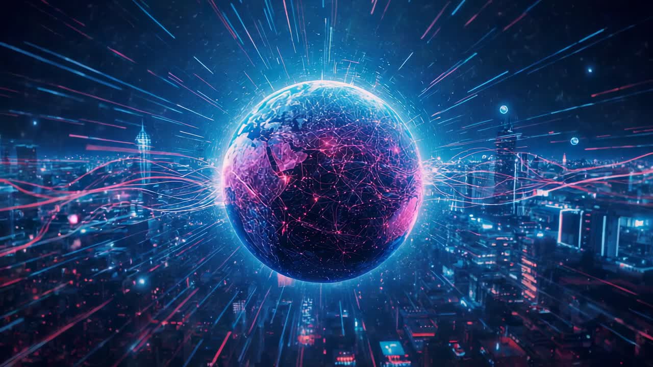 Pulsating data streams initiating spinning globe above futuristic city, network nodes expanding