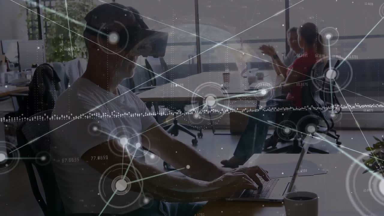 Animation of network of connections over biracial businessman using vr headset in office