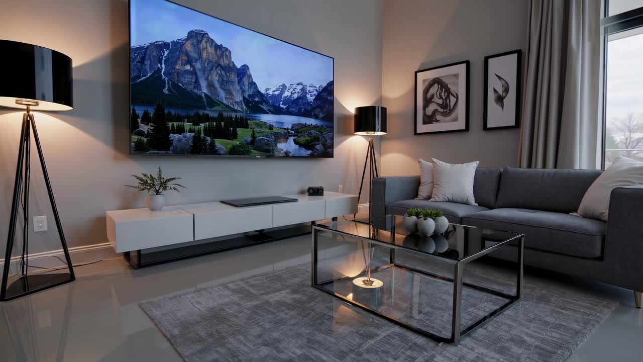 Modern living room with a large TV displaying a nature video