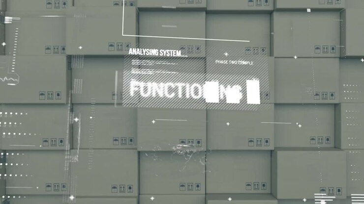Interfaccia digitale con elaborazione dati su sfondo di pila di pacchi per la consegna