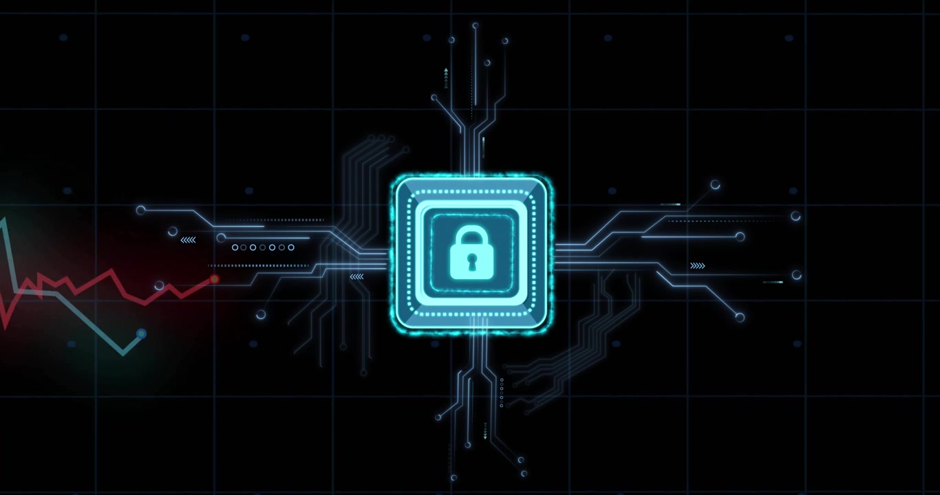Module pulsing lighting traces, graphs oscillating and data pulses traveling visualizing security
