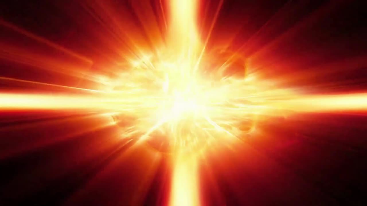 Bright light animation with rays floating on red background.