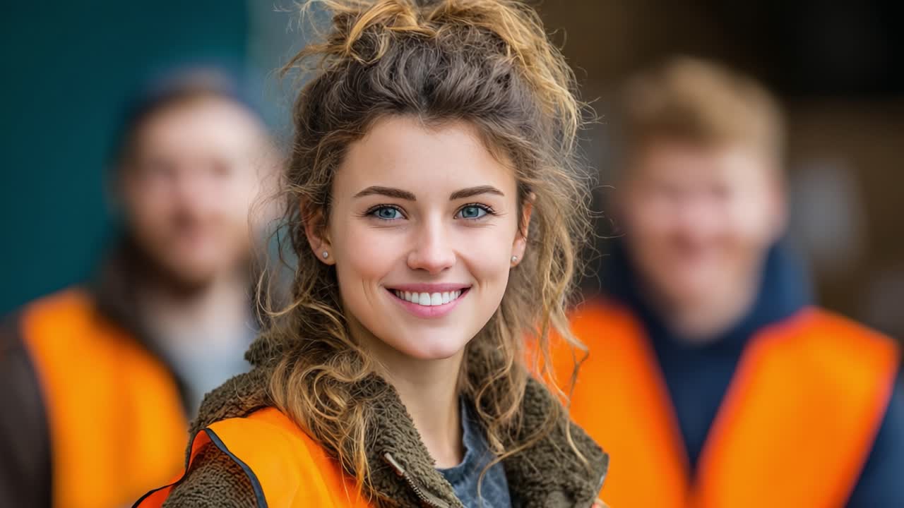 A Young Woman in a Safety Vest Smiles Brightly, Surrounded by Peers in High-Visibility Gear, Emphasizing Team Spirit and Positive Energy in a Workplace Setting
