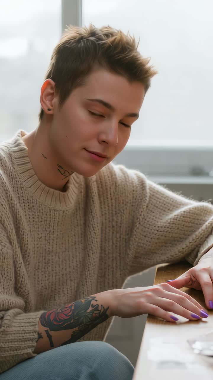 Vertical video: Lifting head after camera cue, woman in beige knit meeting gaze at table, tattoos