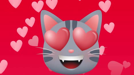 Animation-Einer-Katze-Mit-Herzaugen-über-Rosa-Herzen,-Die-Sich-Auf-Rotem-Hintergrund-Bewegen