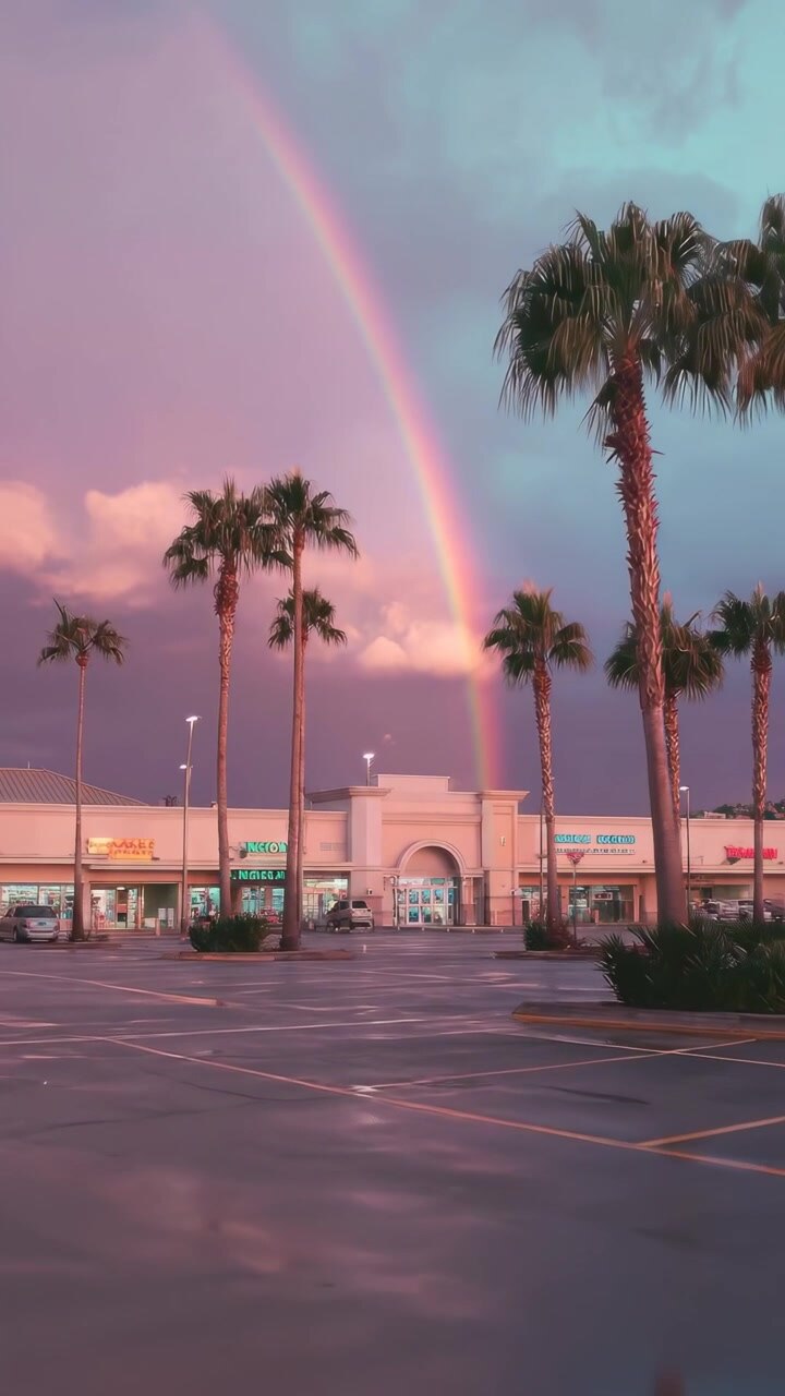 Arco-íris vibrante sobre o estacionamento de um centro comercial ao pôr do sol