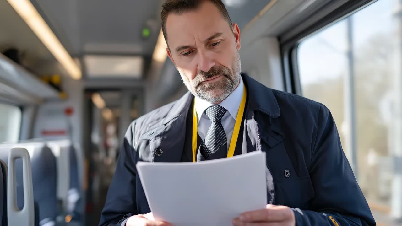 Businessman reading documents on train in daylight