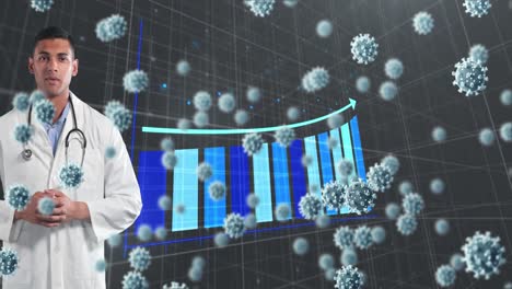 Animation-Von-Covid-19-Zellen-Und-Statistikaufzeichnung-über-Männlichen-Arzt
