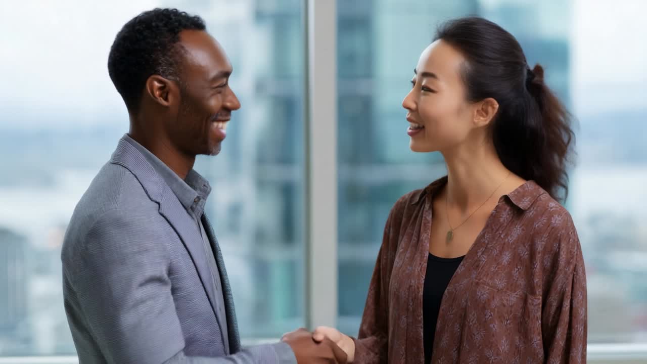 An Engaging Professional Encounter in a Modern Urban Setting: A Warm Handshake Between Two Colleagues Signifying Cooperation, Trust, and Partnership, Set Against a Contemporary Cityscape Background