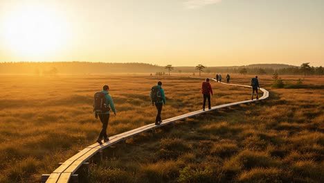 a serene morning hike through golden fields: enjoying the tranquility of nature with friends on a peaceful boardwalk trail at sunrise