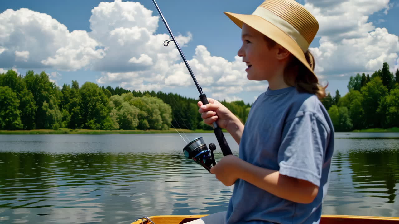Father and child fishing from a boat on a serene lake