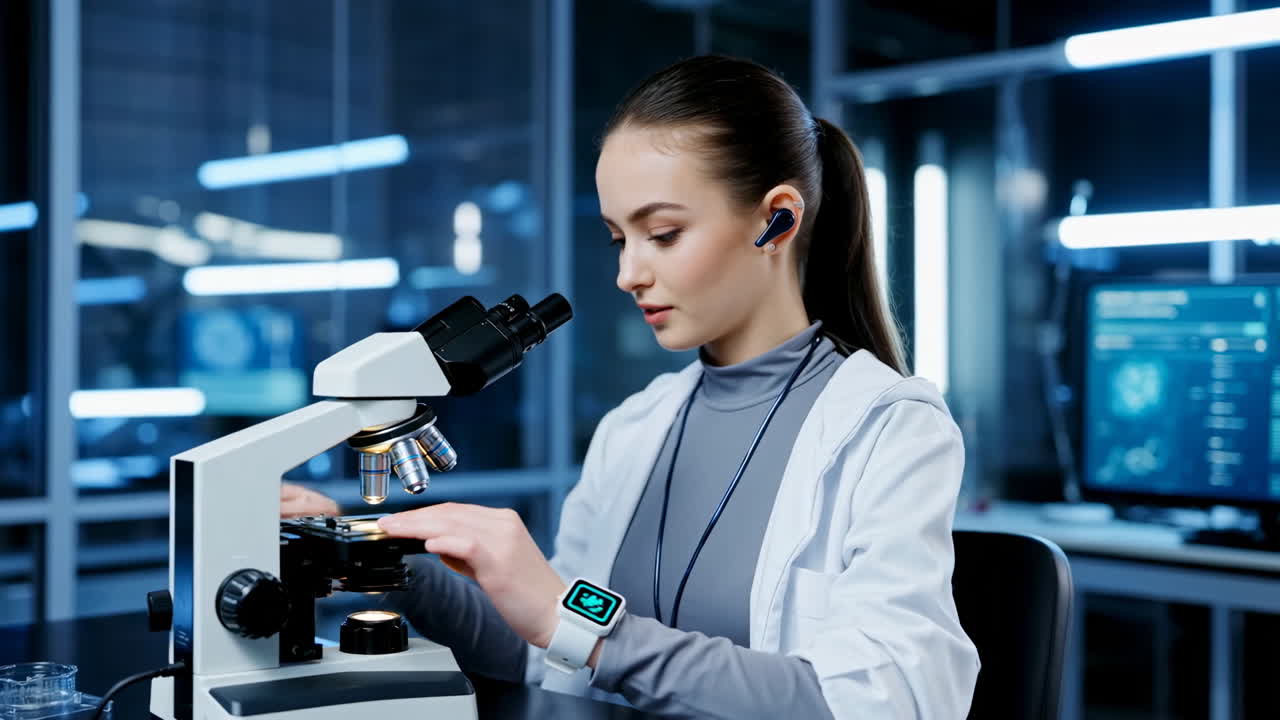 Young female scientist using a microscope in a modern laboratory