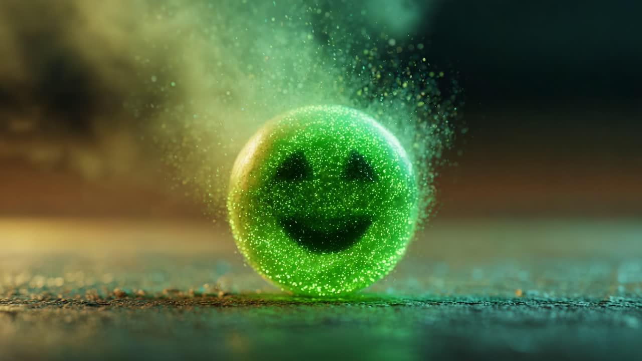 A vibrant green smiling sphere glows amidst swirling misty colors, radiating joy and positivity, captivating viewers with its enchanting sparkle and cheerful presence