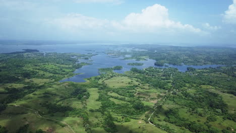 aerial view of green filds, trees, gatun lake on sunny day