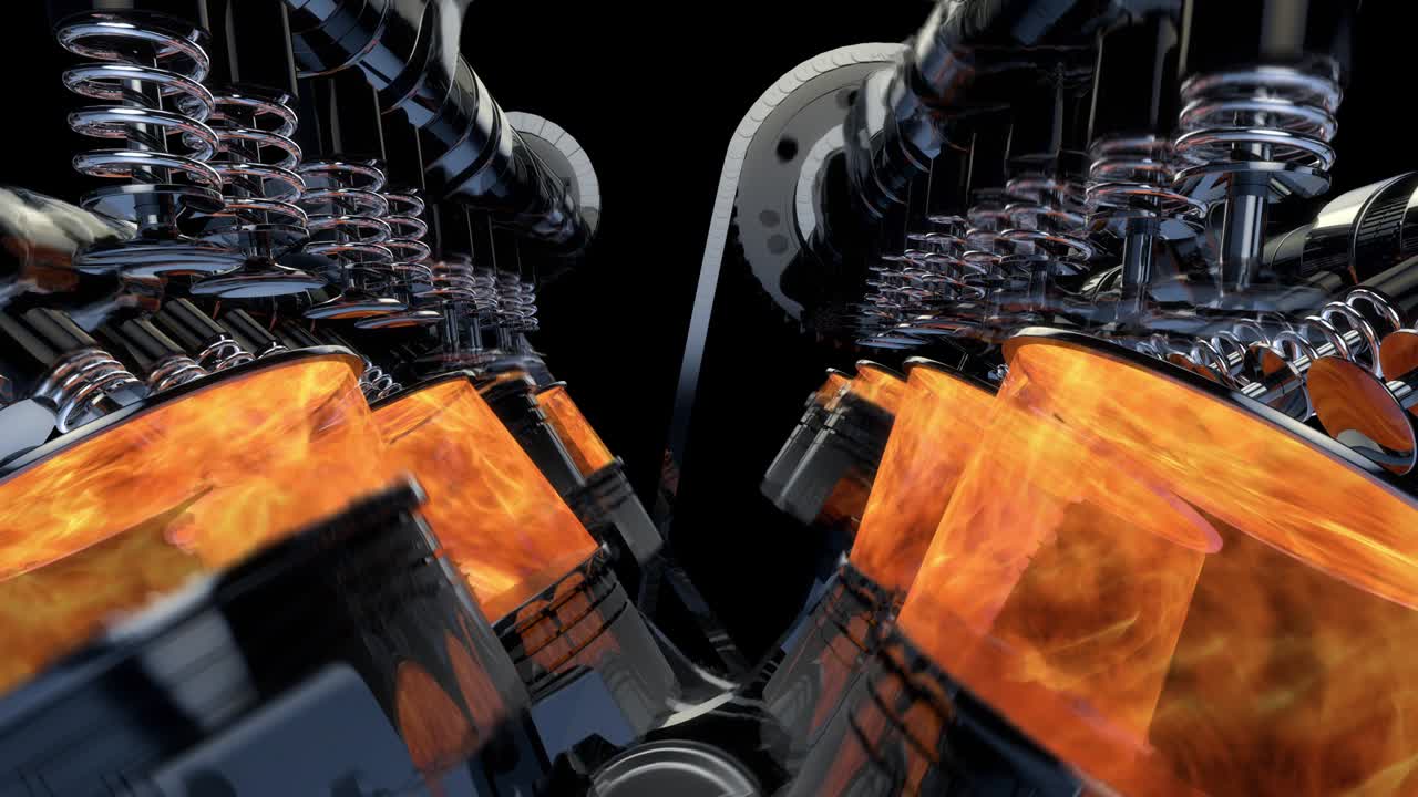 cámara lenta de primer plano trabajando animación del motor v8 con explosiones - bucle
