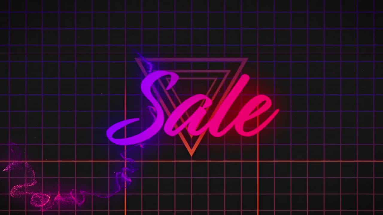 그리드 위에 판매 텍스트의 애니메이션과 검은 바탕에 다채로운 구름을 이동