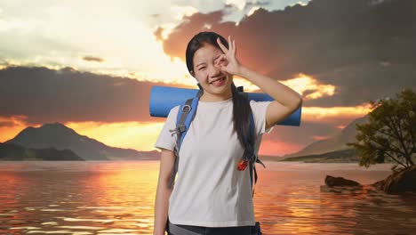 happy traveler at sunset