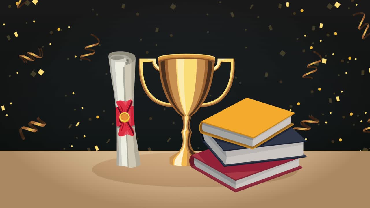 animación de celebración de la graduación con trofeo y diploma