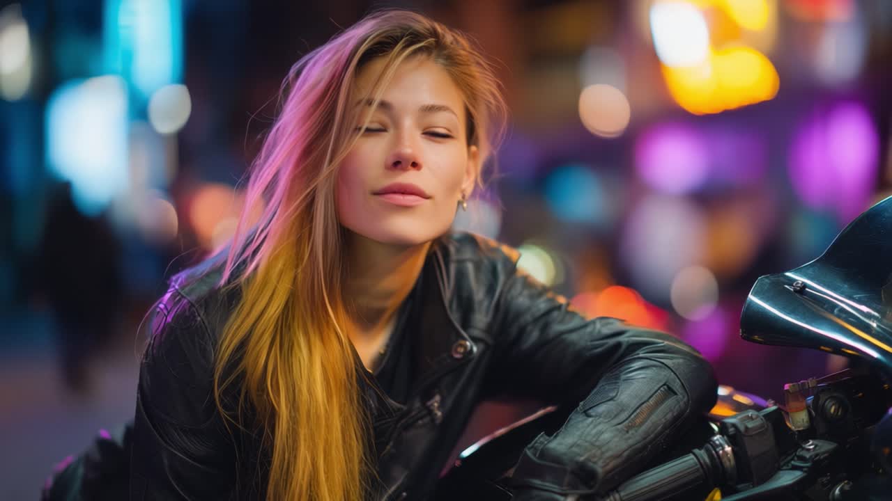 Una giovane donna elegante con i capelli lunghi si appoggia a una motocicletta in un vivace ambiente urbano, mostrando atteggiamento e sicurezza tra le luci colorate della città di notte.