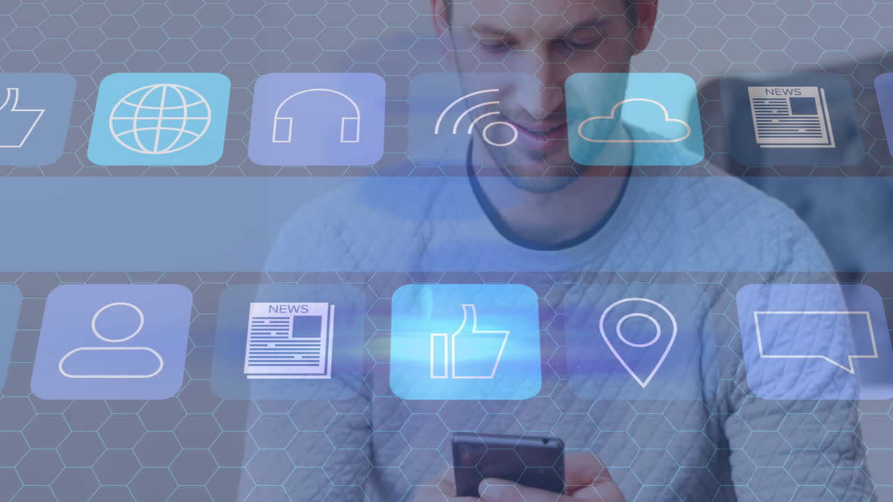 animación de iconos de los medios sobre el hombre caucásico usando un teléfono inteligente
