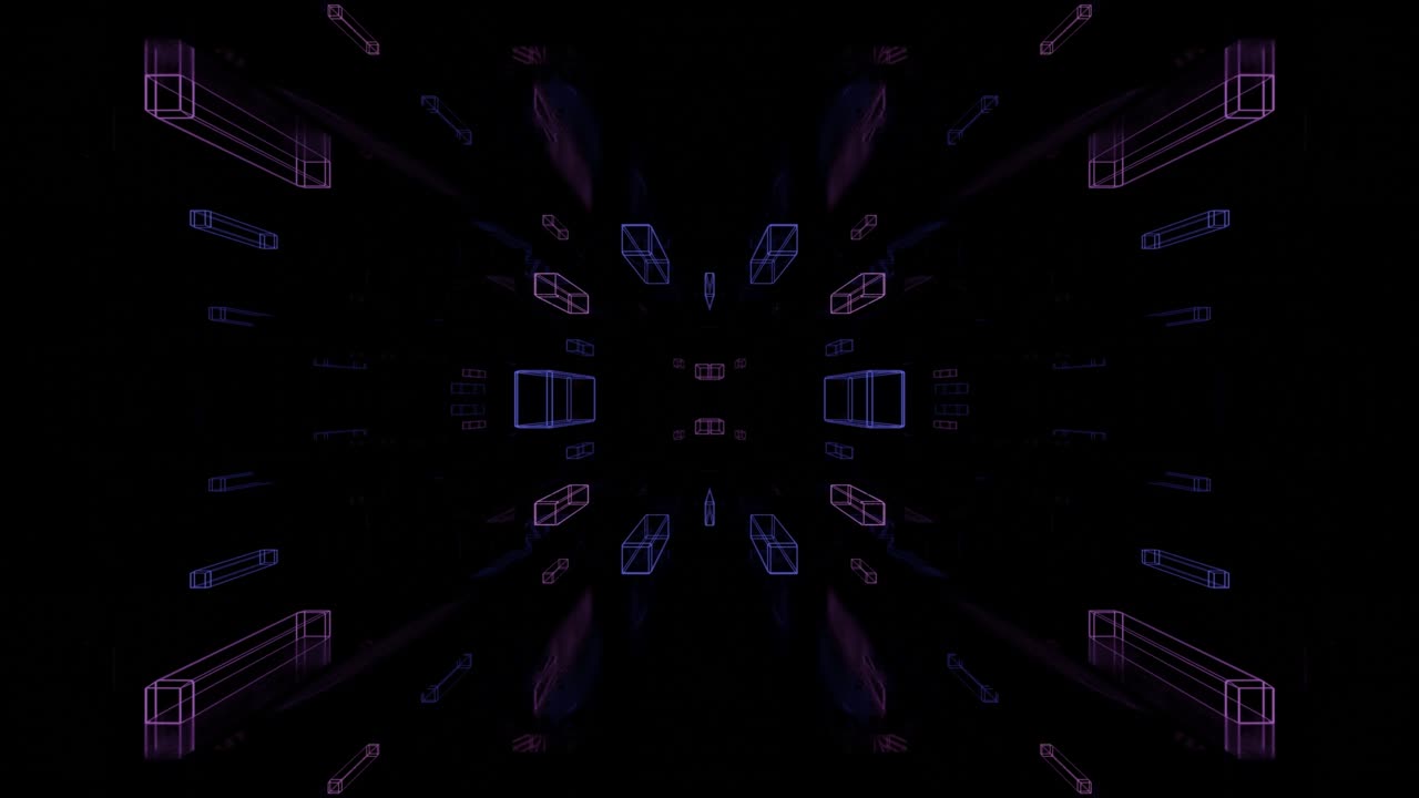 volar a través de un túnel simétrico con objetos 3d de brillo de neón, patrón de brillo sci fi. luz de neón de reflejo brillante. fondo brillante simple, estructura sci fi. animación en bucle sin costuras de 4k.