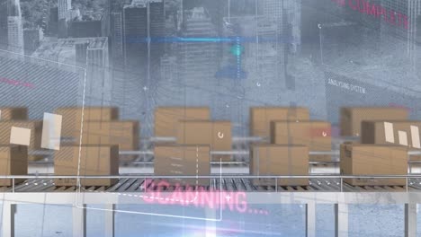 animation of statistics processing over cardboard boxes on conveyor belts and cityscape