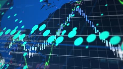 animation of financal data processing over world map against blue background