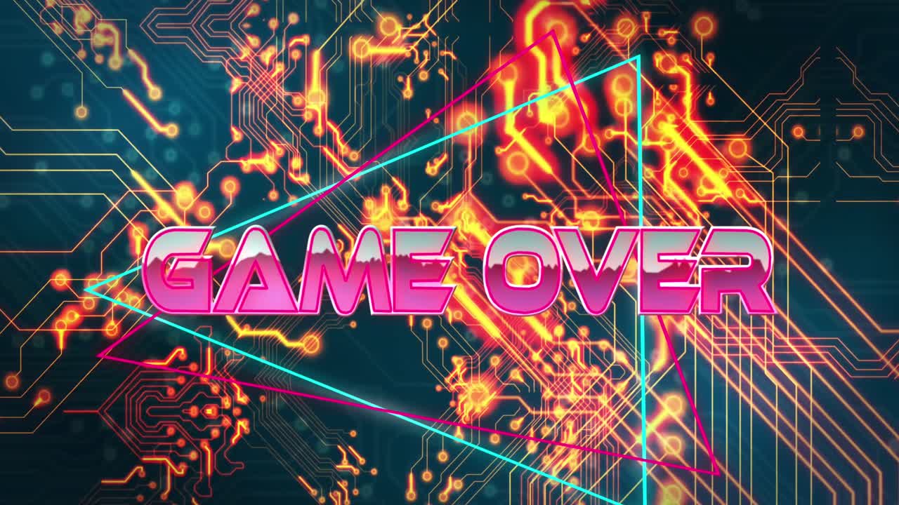 삼각형의 텍스트 위에 게임의 애니메이션, 파란색 배경에 대한 조명 회로 보드 패턴