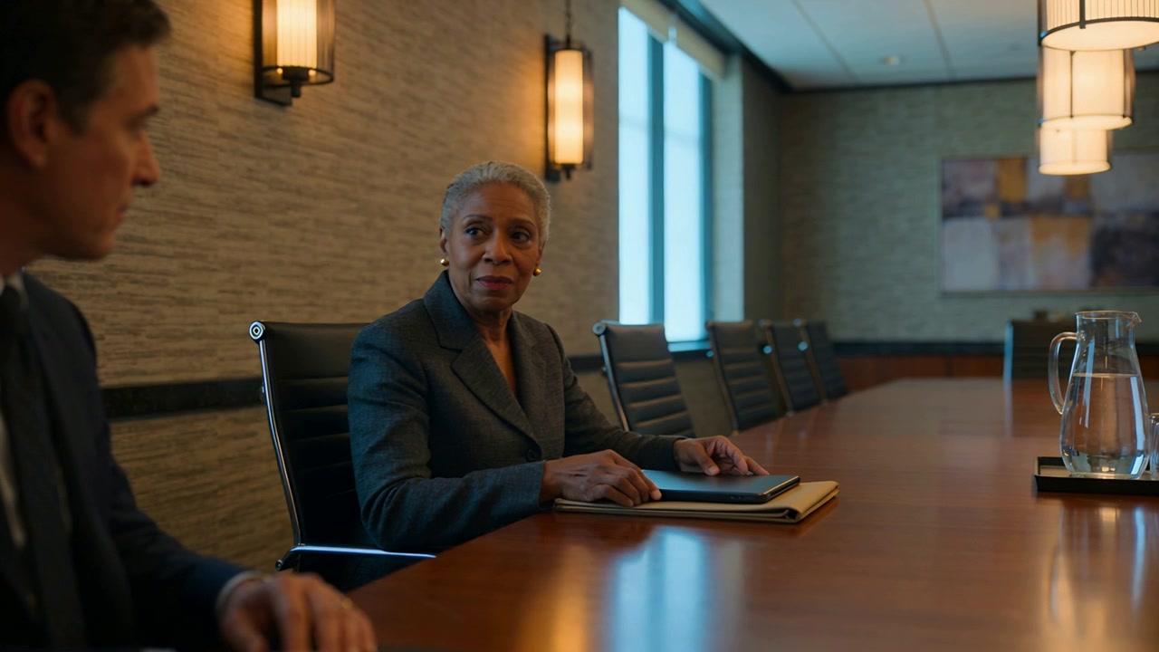 Noticing colleague listening, manager in dark blazer adjusting folder at boardroom table, pitcher