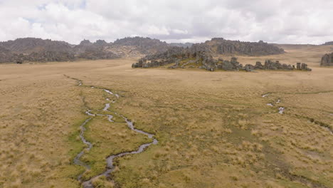 Drone-shot-of-rock-formation-in-and-river-tributary-in-Central-Peru