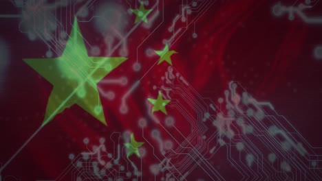 animation of computer circuit board with data processing and flag of china