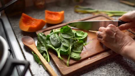 chopping green leafy spinach on wooden board in the kitchen