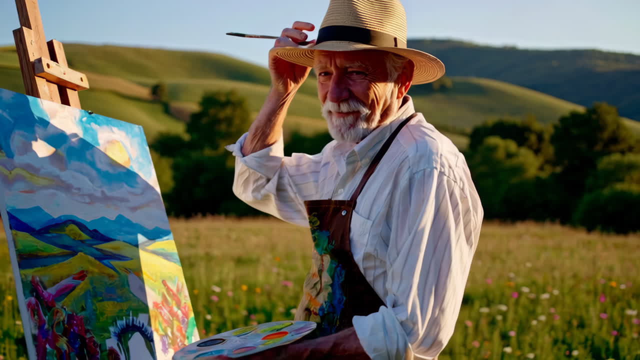 Artiste senior peignant dans un champ