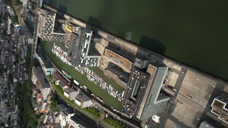 Cinematic-Vertical,-River-Rhine-And-Kranhäuser-Im-Rheinauhafen-Buildings