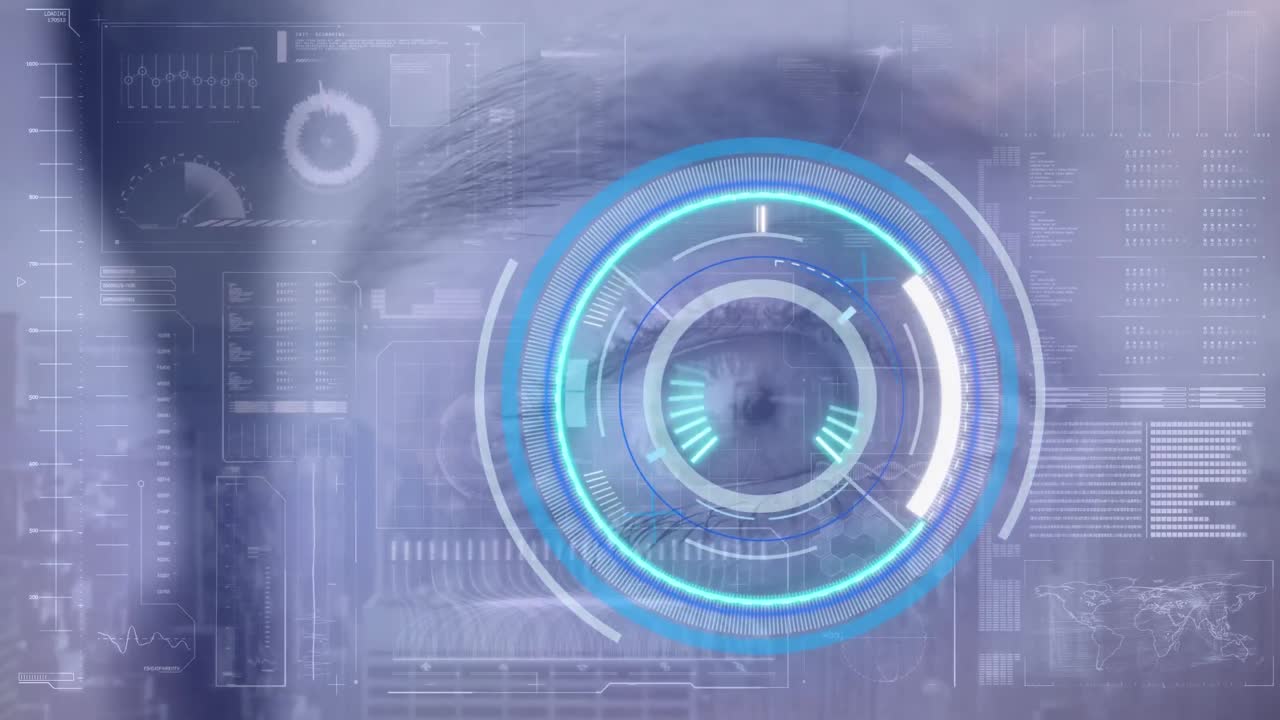 데이터 처리와 디지털 인터페이스에 대한 남성 눈의 근접 스캐닝 범위