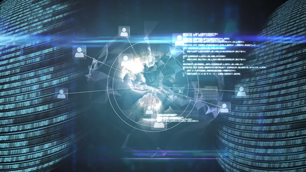 검은색 배경에 연결 네트워크와 함께 데이터 처리 및 지구의 애니메이션