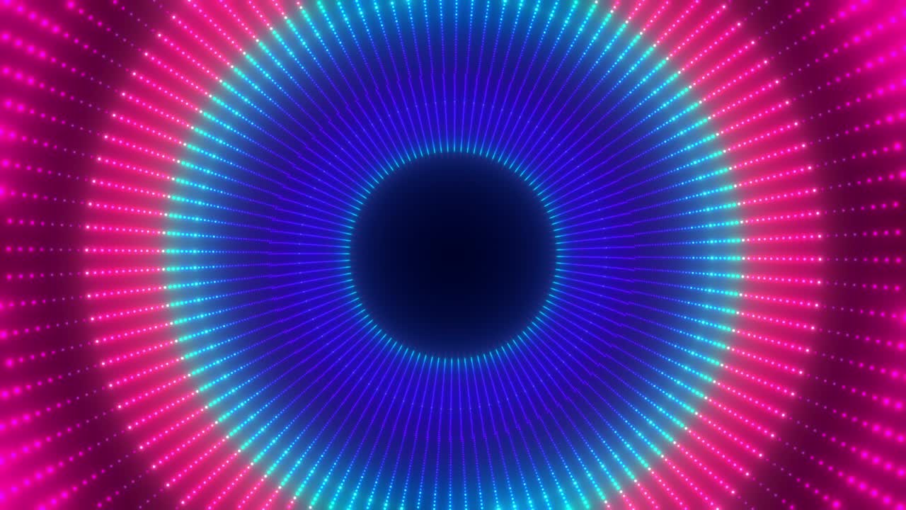 tunnel colorato infinito di luci al neon luccicanti. cerchi che formano settori di tunnel. animazione cyber colorata astratta. video disco retro geometrico infinito. loopable 4k uhd.
