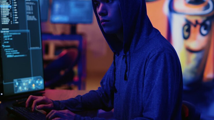 Hacker che effettua un attacco DDoS dalla sede centrale