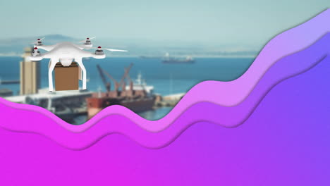 forma líquida abstracta púrpura sobre un dron que lleva una caja de entrega contra el puerto en el fondo