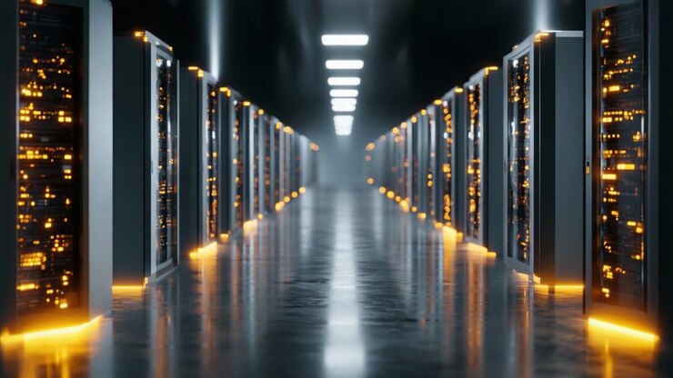 Et indblik i et moderne datacenter: Oplyste serverracks langs gangene, der fremviser avanceret teknologi og infrastruktur til datastyring
