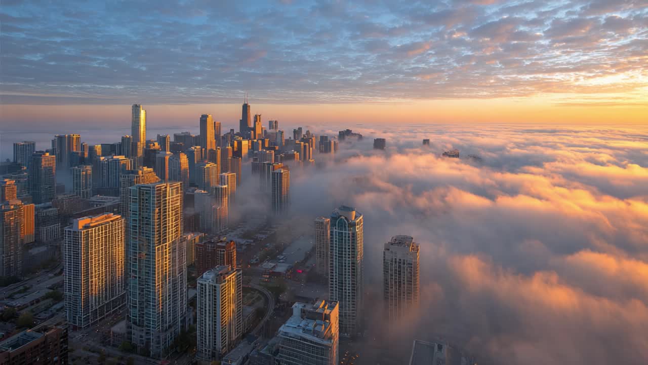 Breathtaking Aerial View of a City Skyline Shrouded in Ethereal Morning Fog, Illuminated by Golden Sunrise Light Reflected Off Towering Buildings