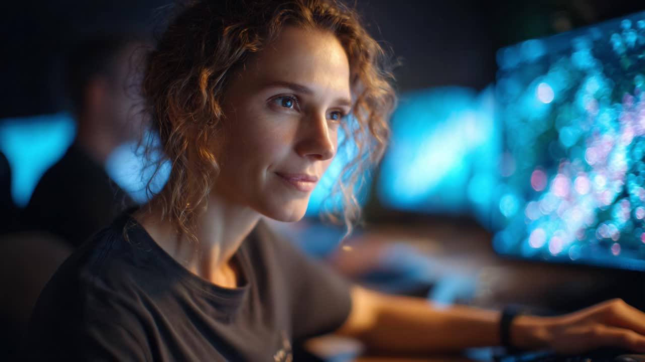 Fokuseret person engageret i teknisk arbejde, der analyserer komplekse data på flere skærme i et dæmpet belyst arbejdsområde med levende visuelle fremvisninger.